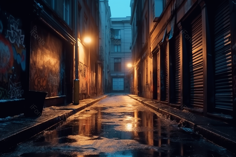 雨后潮湿的城市街道巷子路灯,高清,摄影图,摄影图片,图片大全,摄影图免费下载